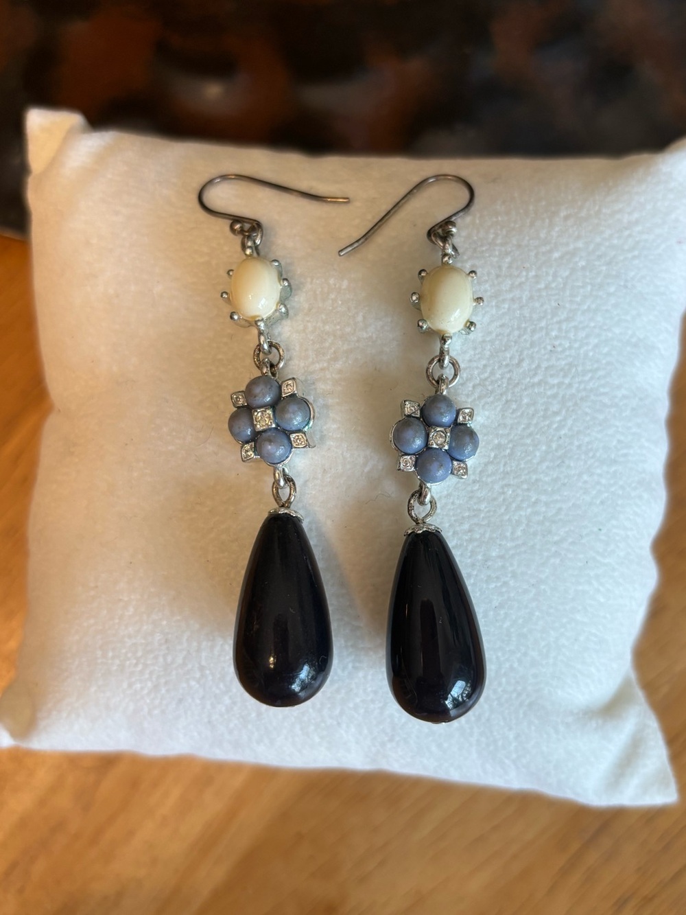 Banana Republic Elegant Pearl, Blue Flower & Black Teardrop Dangle Earrings